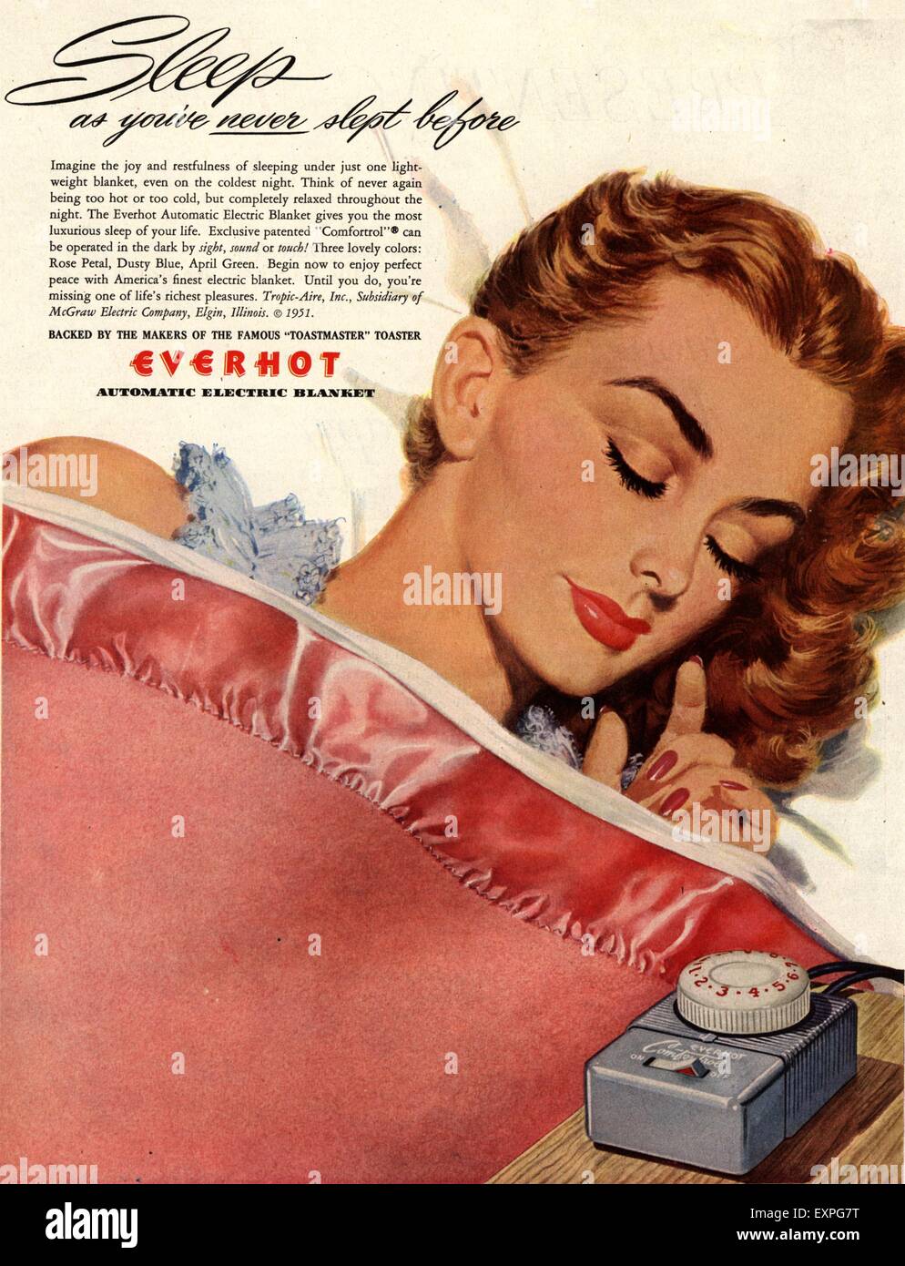 1950s USA Everhot Electric Blankets Magazine Advert Stock Photo Alamy