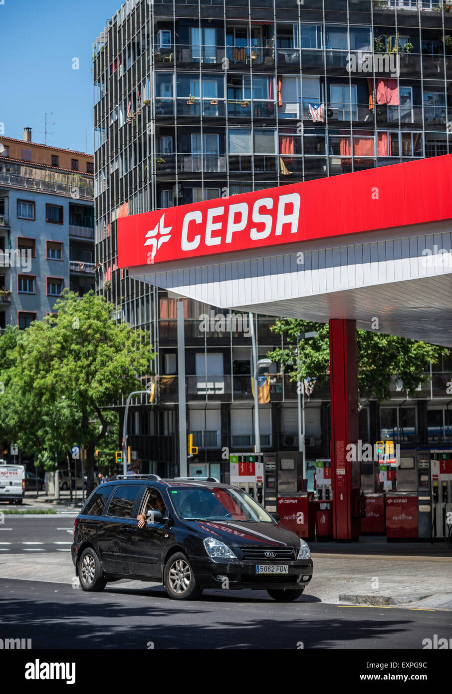 Spanish Petroleum Company - CEPSA petrol station in Barcelona, Spain Stock Photo
