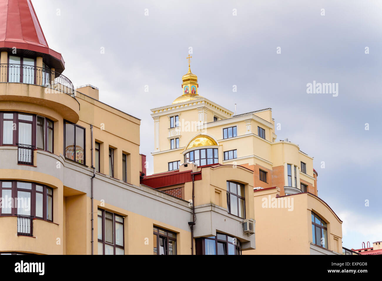 An orthodox church on the top roof of a high building, near the Natalka Park in the Obolon district in Kiev, capital of Ukraine Stock Photo