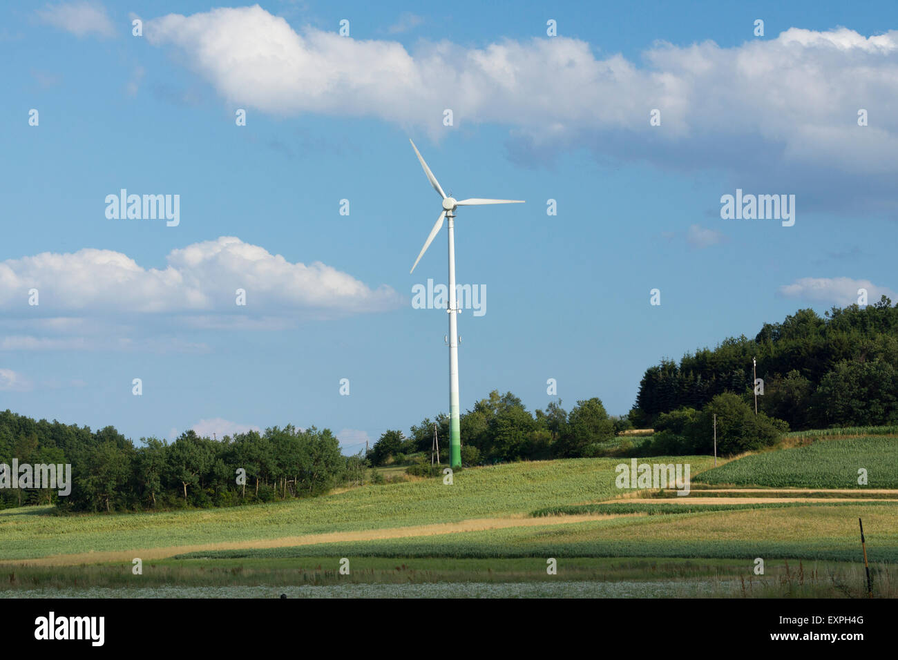 A single wind turbine in Lower Austria, Europe. Theme: renewable energy, green energy, wind energy, sustainable, non-polluting, electricity generation Stock Photo