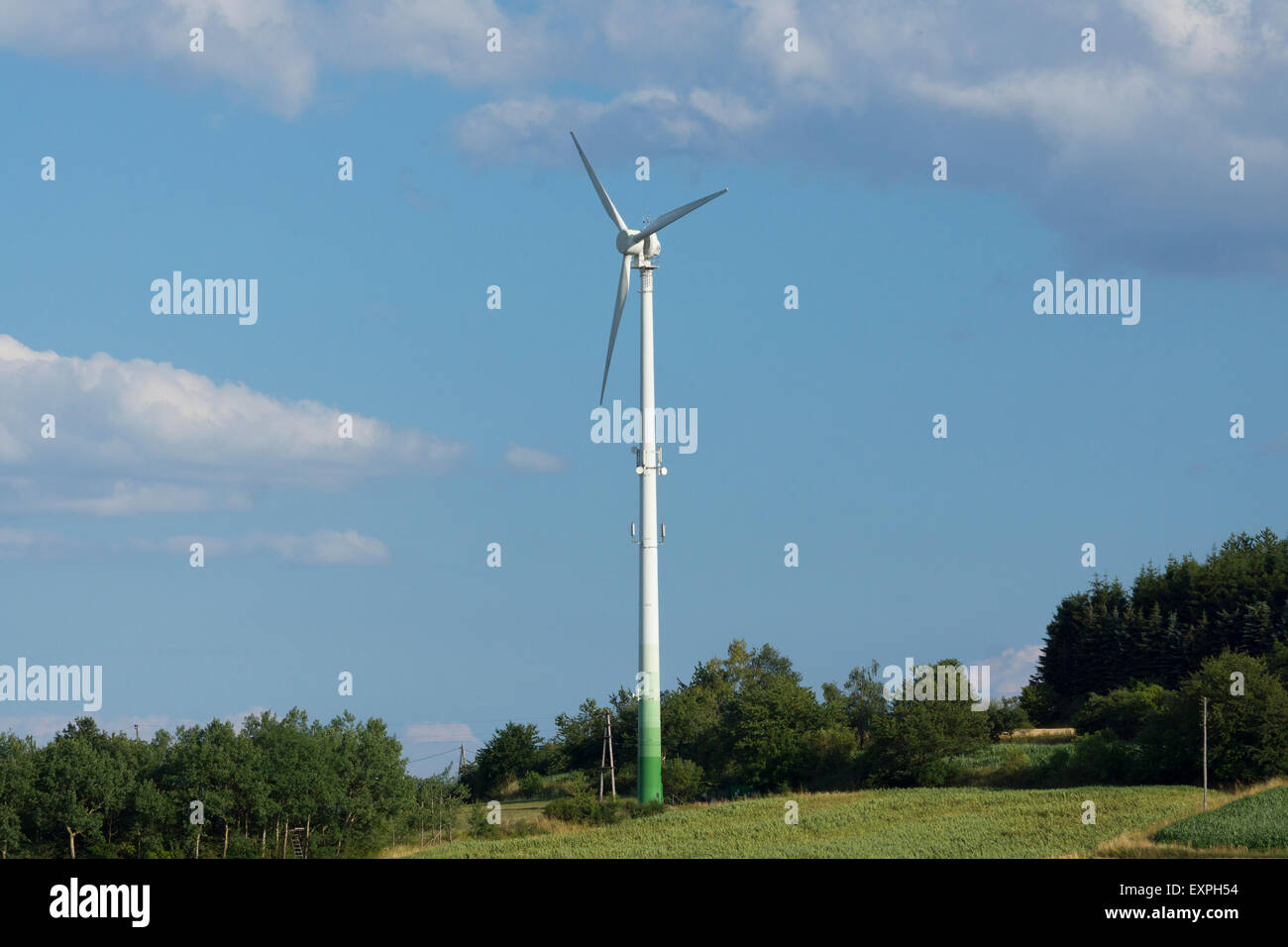 A single wind turbine in Lower Austria, Europe. Theme: renewable energy, green energy, wind energy, sustainable, non-polluting, electricity generation Stock Photo
