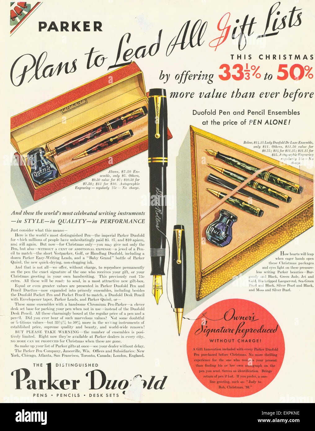 1930s USA Parker Pens Magazine Advert Stock Photo