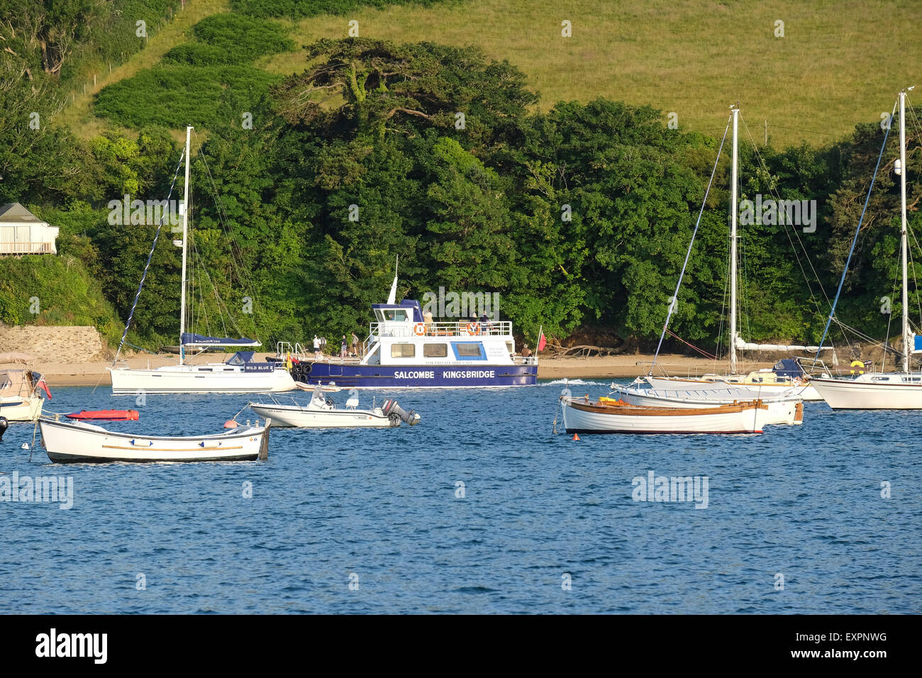 Salcombe, Devon, UK. The Salcombe to Kingsbridge Ferry navigating through the many boats anchored in the water at Salcombe. Stock Photo