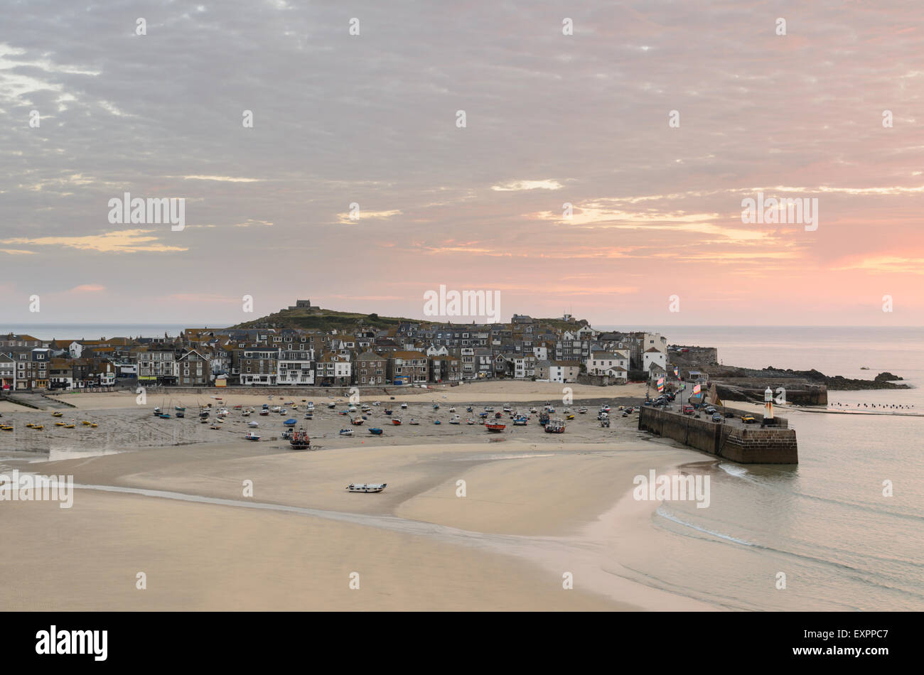 The view at sunrise of St Ives, Cornwall, England. A fishing town popular with artists and tourists on the North Cornish Coast. Stock Photo