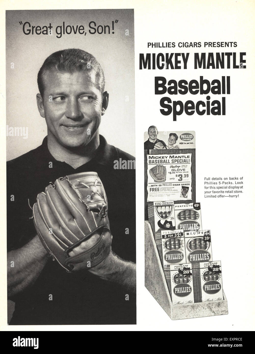 1950s USA Mickey Mantle Baseball Gloves Magazine Advert Stock