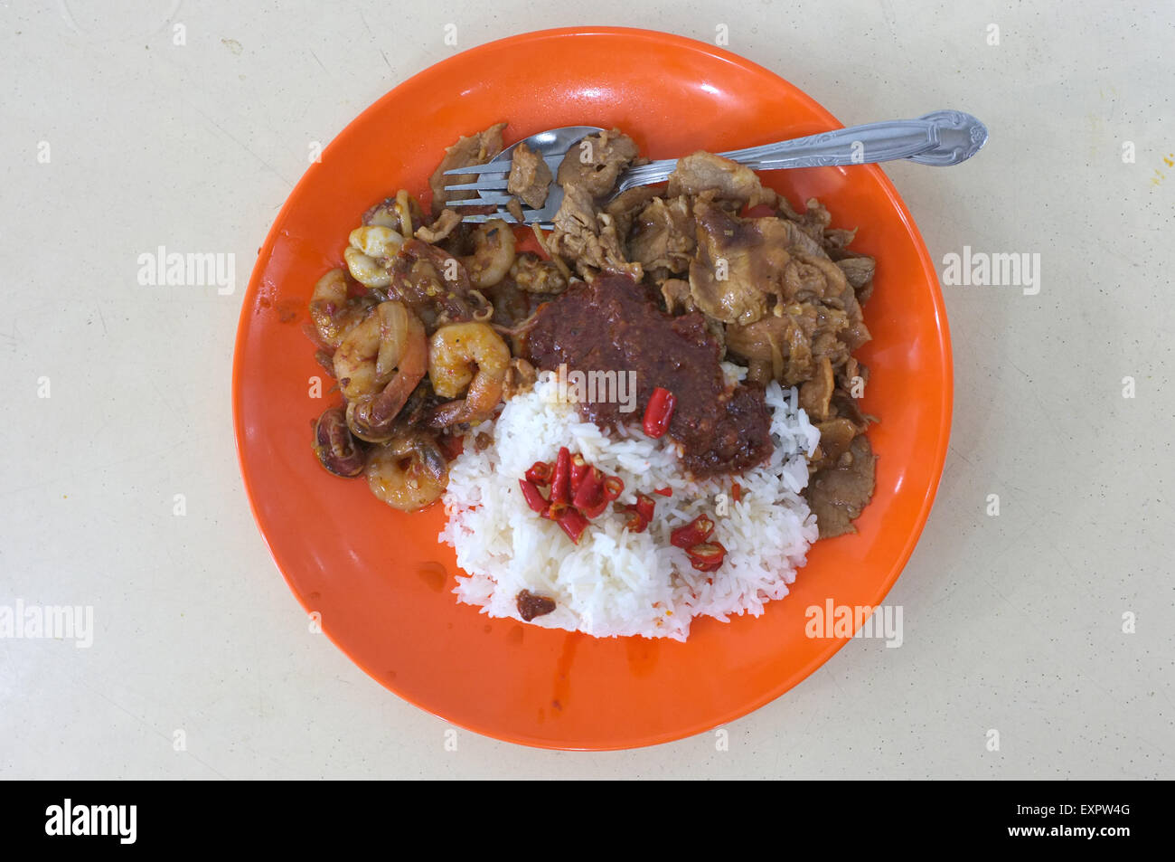 Asian food style, rice with stir fried shrimp and pork Stock Photo