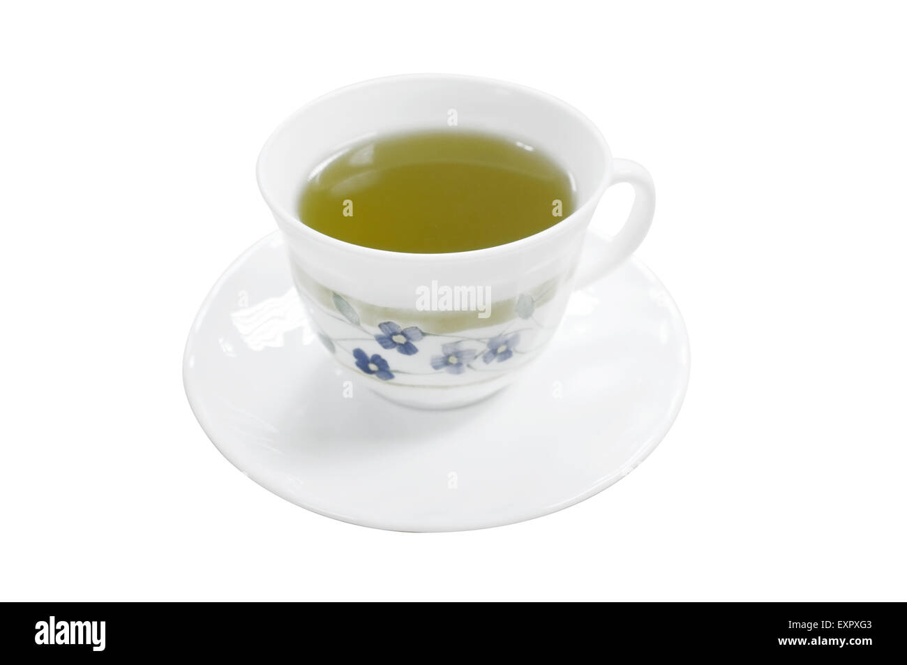 A white ceramic cup of green tea on wooden table Stock Photo