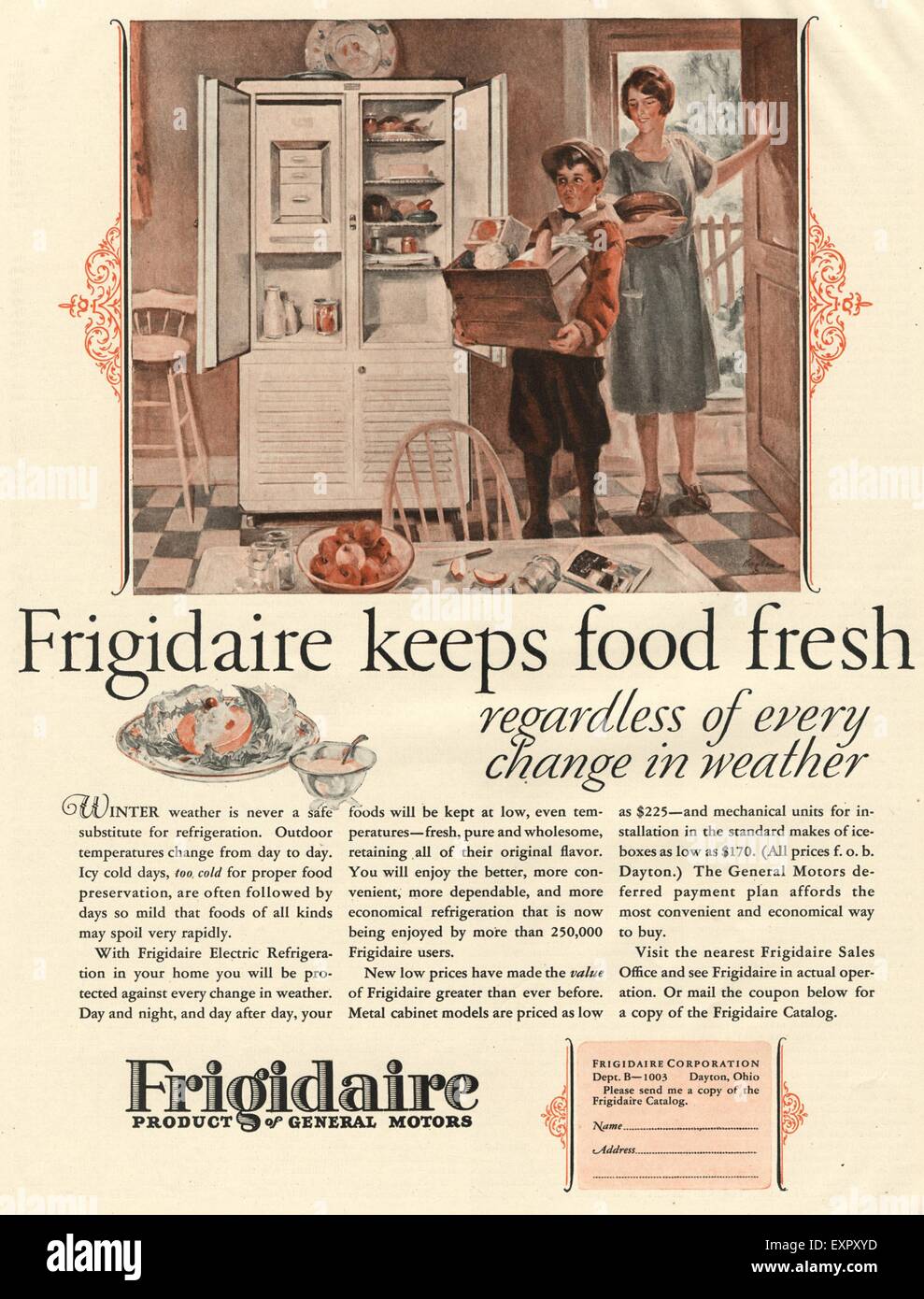 1920s USA Frigidaire Keeps Food Fresh Magazine Advert Stock Photo