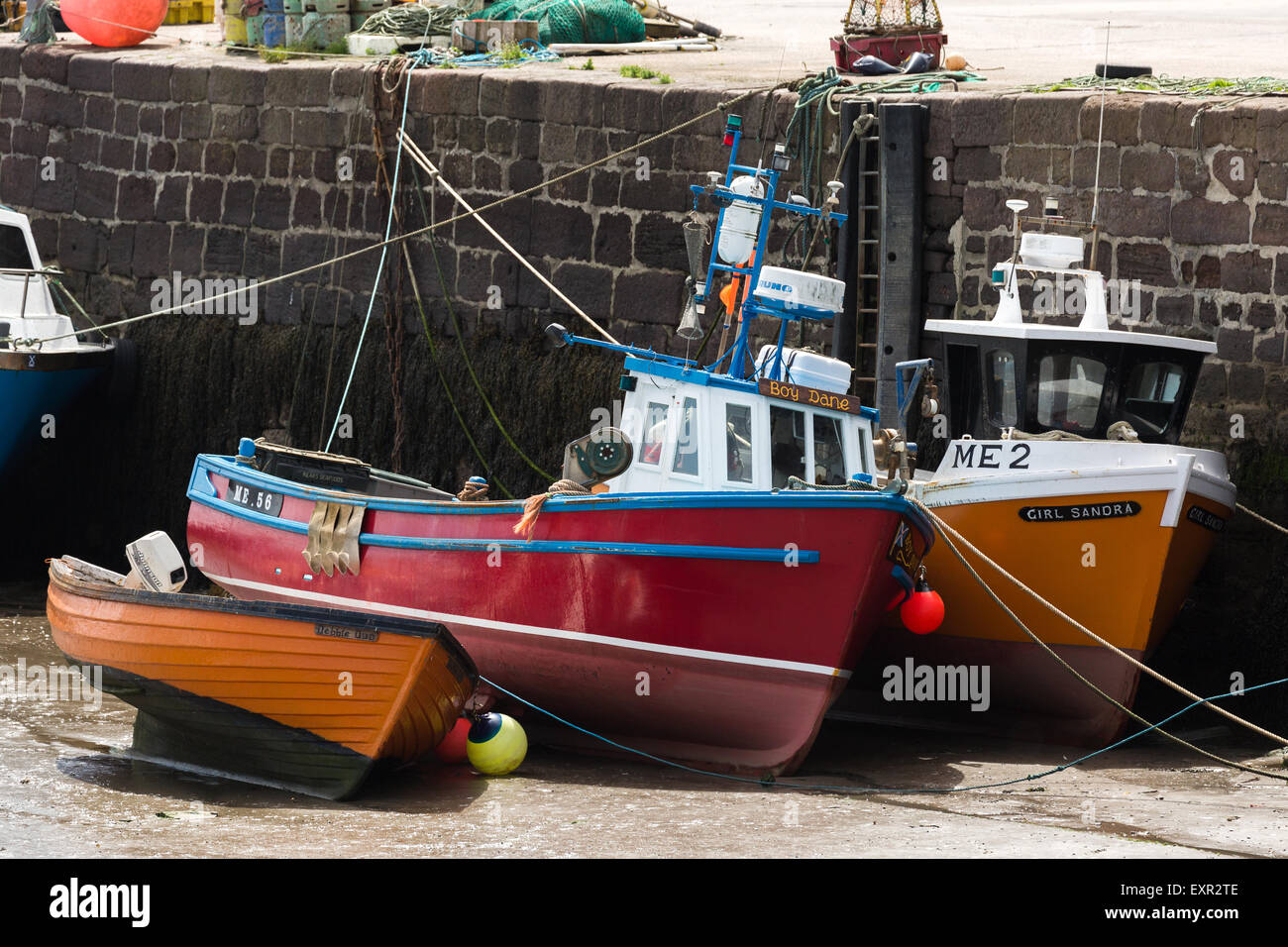 Fishing boats tied up Gourdon Harbour Scotland UK Stock Photo
