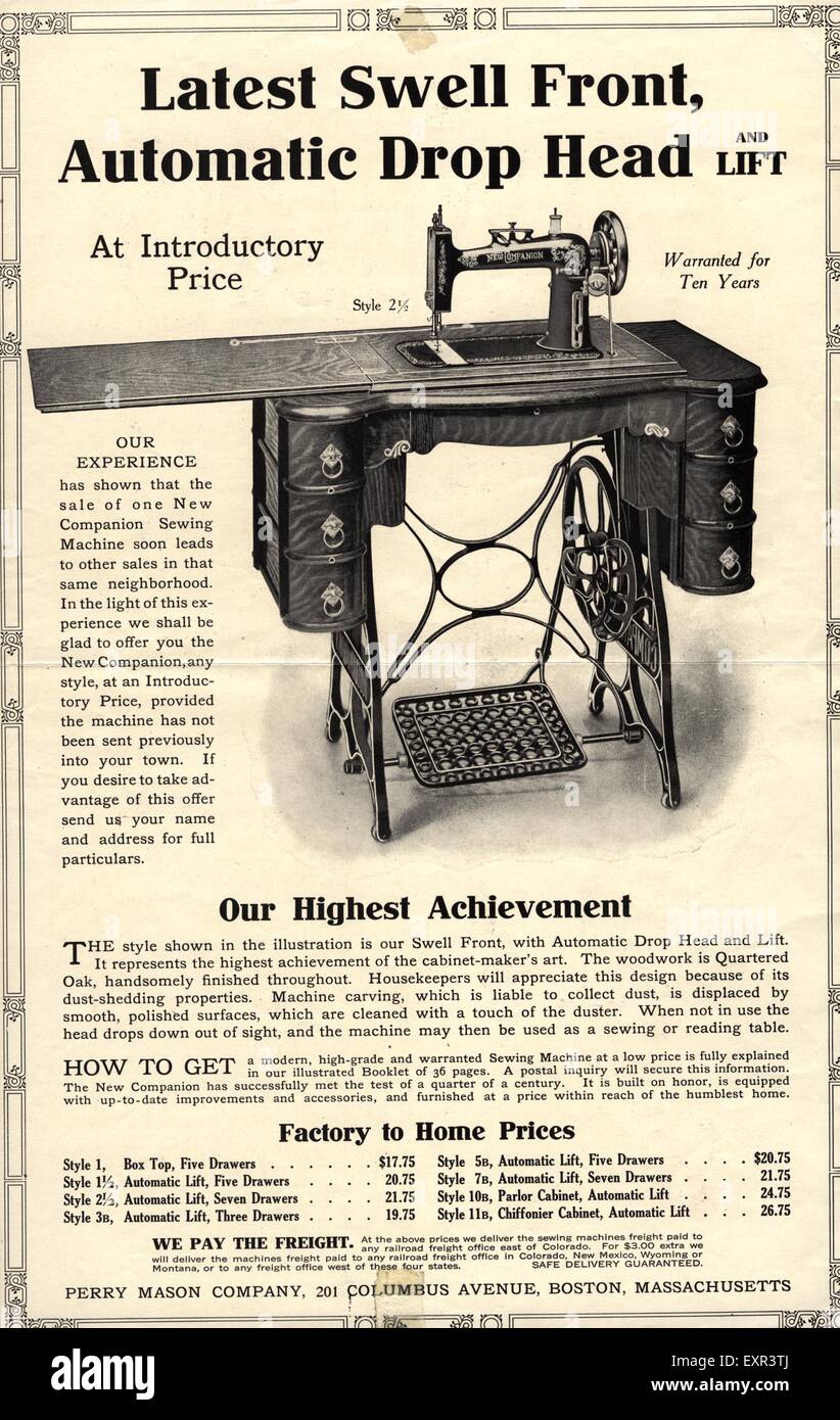 1900s USA Sewing Machines Magazine Advert Stock Photo