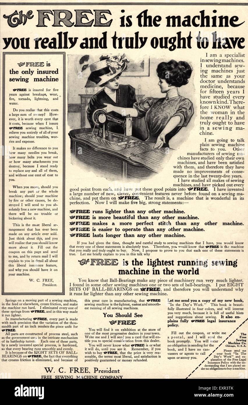 1910s USA Sewing Machines Magazine Advert Stock Photo