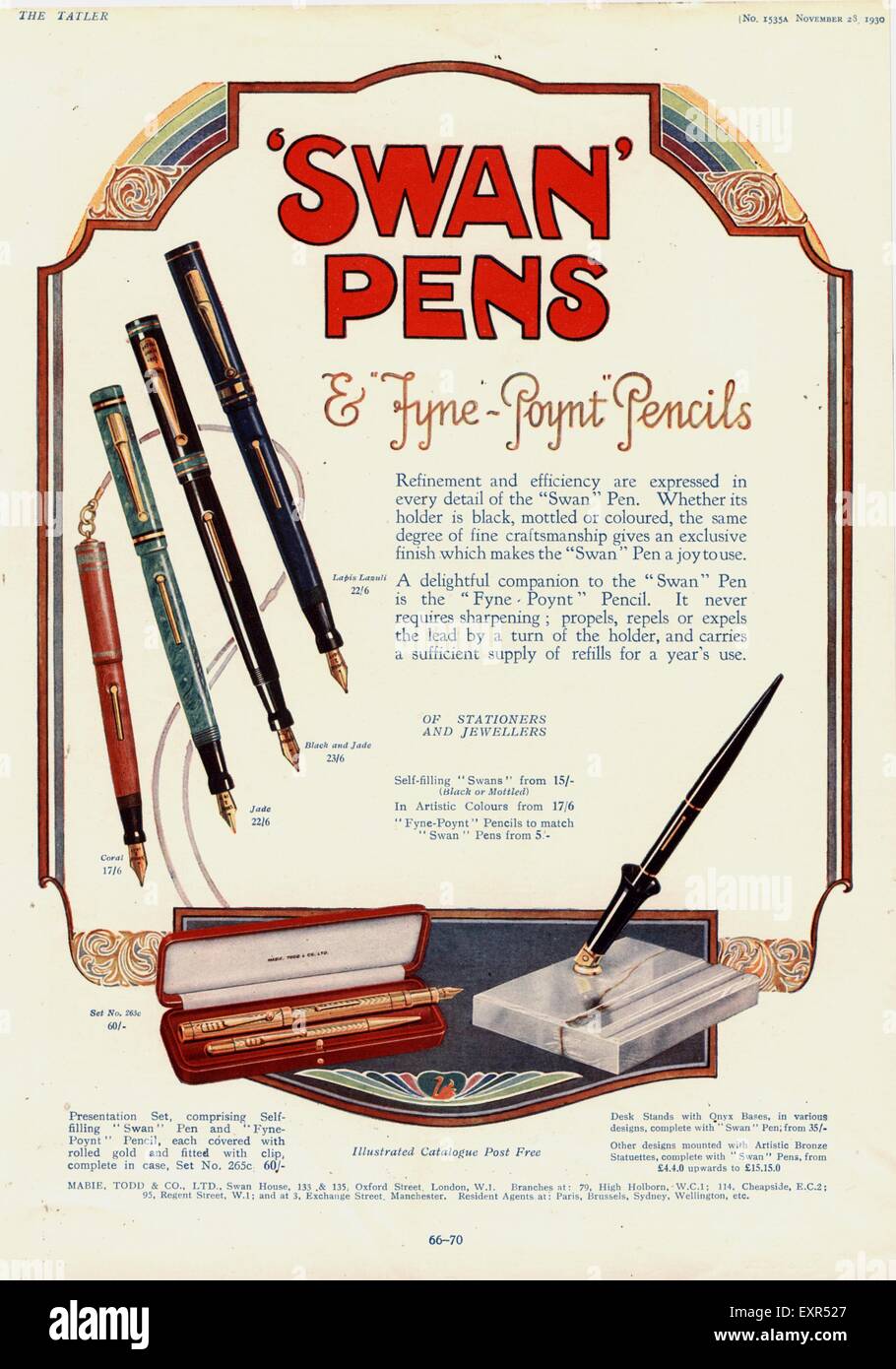 1930s UK Swan Pens Magazine Advert Stock Photo Alamy