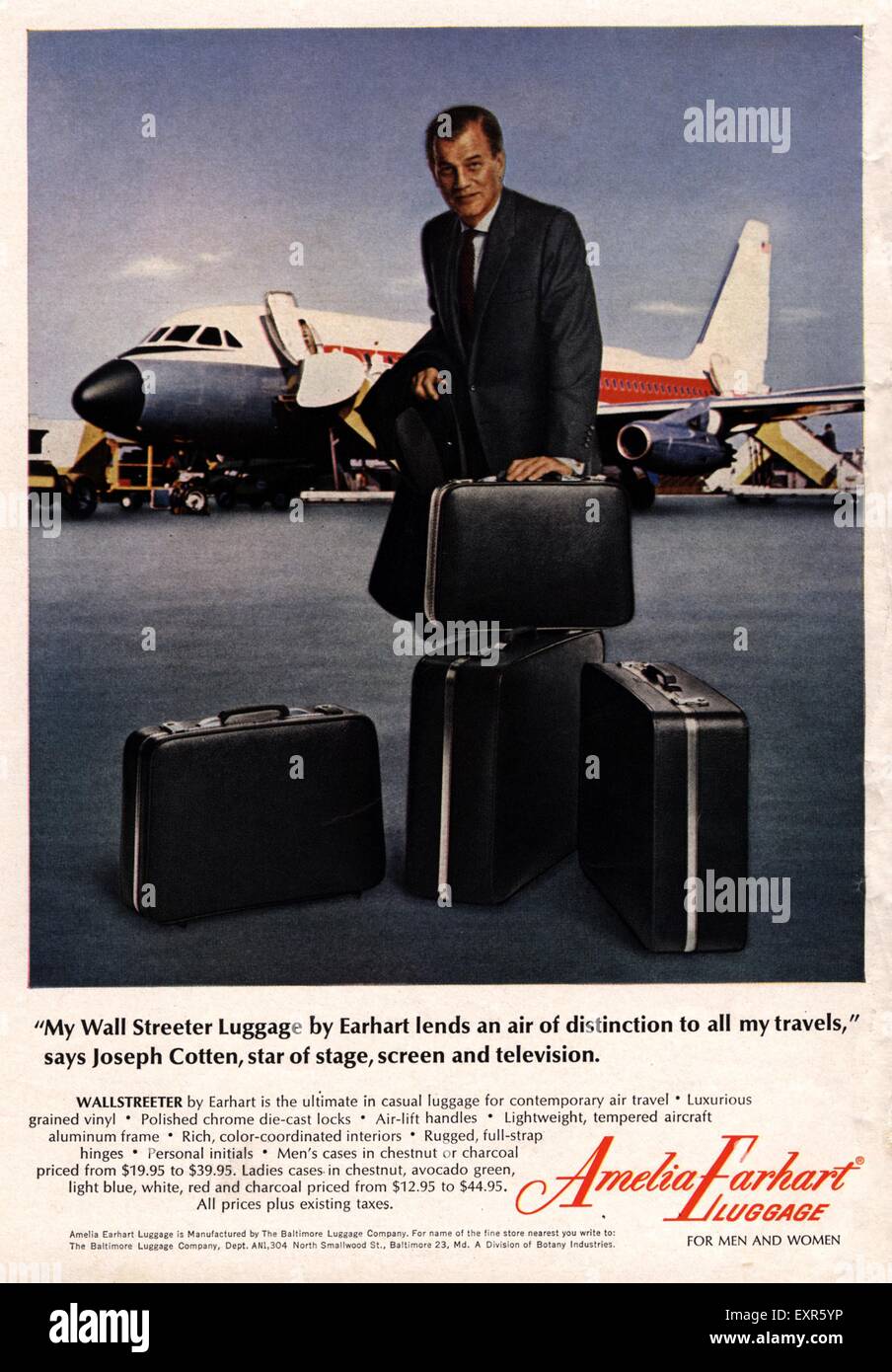 1960s USA Amelia Earhart Luggage Magazine Advert Stock Photo