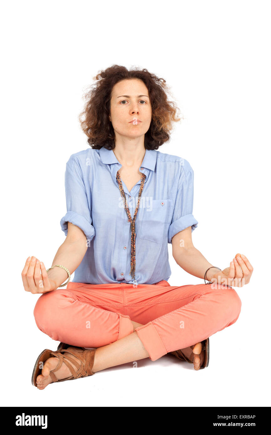 Beautiful woman doing different expressions in different sets of clothes: yoga Stock Photo