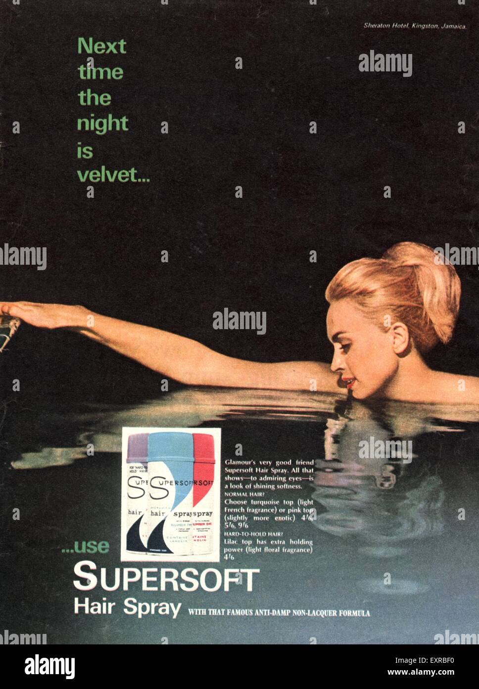 1960s UK Supersoft Hairspray Magazine Advert Stock Photo