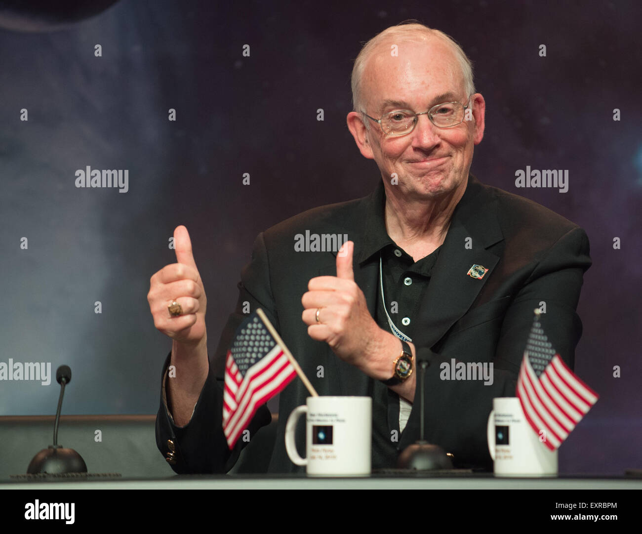 New Horizons Project Manager Glen Fountain of APL during a briefing after the team received confirmation from the spacecraft that it has completed the flyby of Pluto at Johns Hopkins University Applied Physics Laboratory July 14, 2015 in Laurel, Maryland. Stock Photo