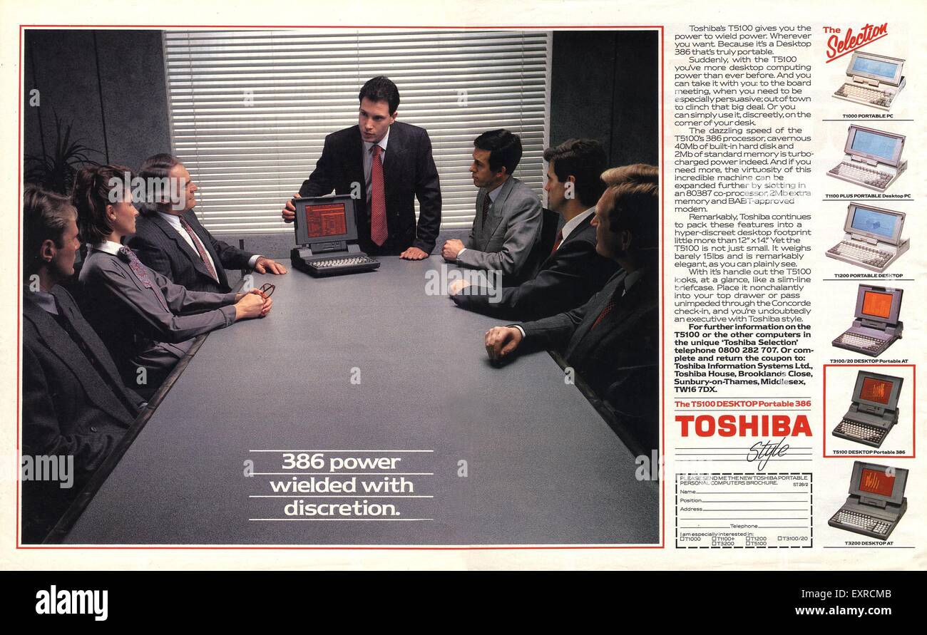 1980s UK Toshiba Portable Computer Magazine Advert Stock Photo
