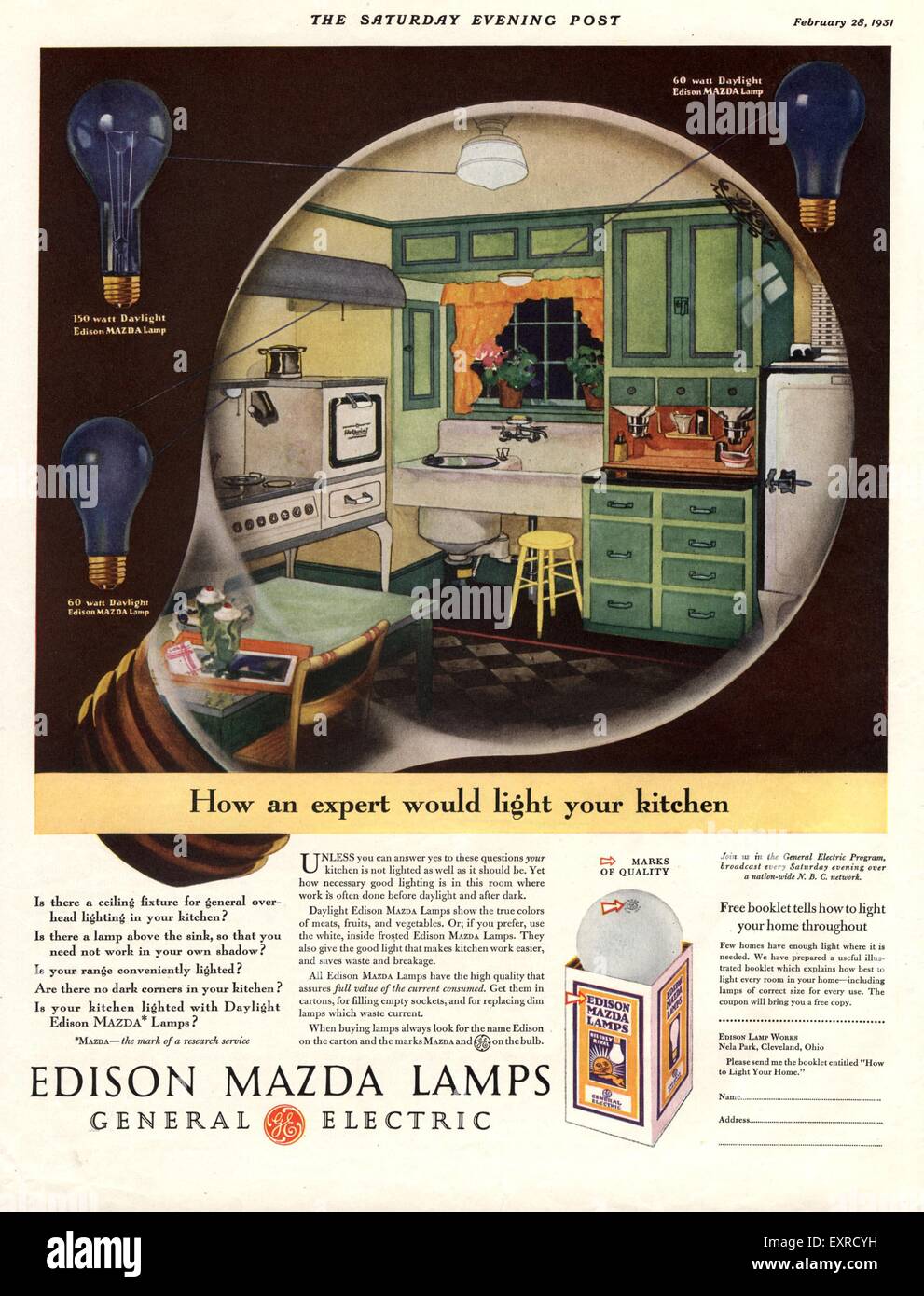 1930s USA Edison Mazda Magazine Advert Stock Photo