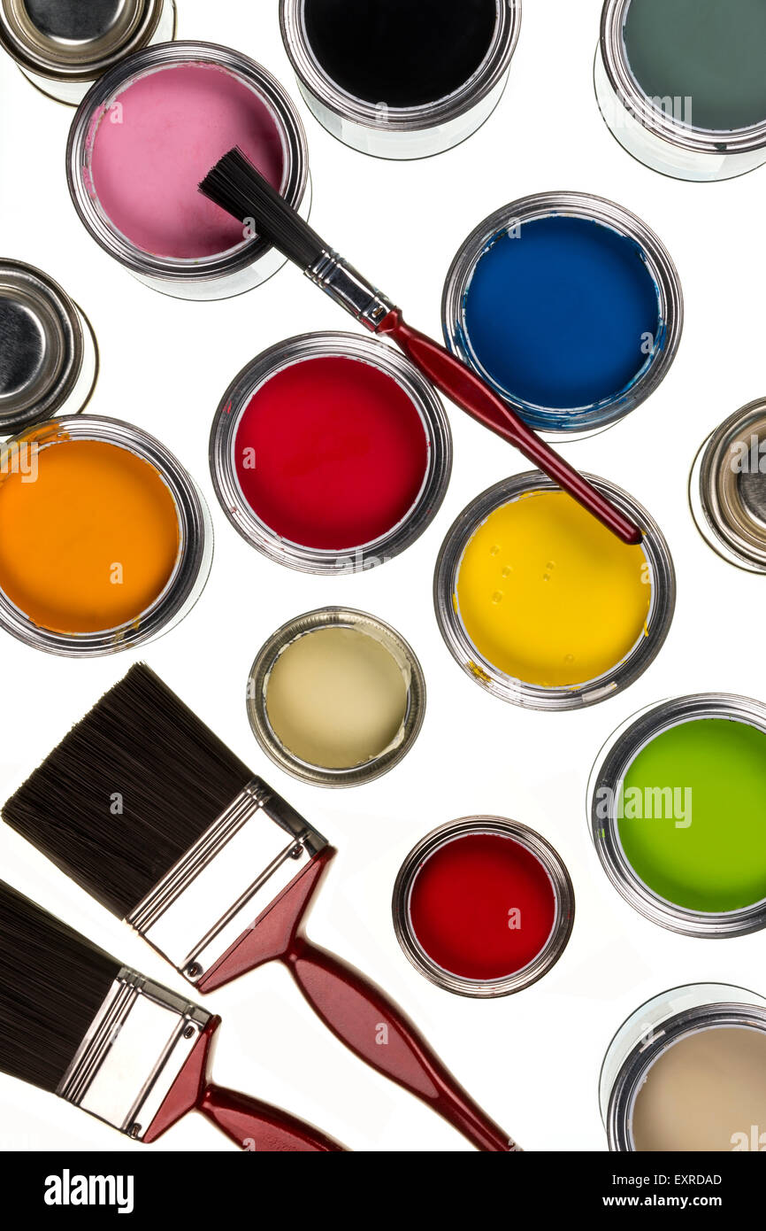 Selection of paints and paintbrushes Stock Photo