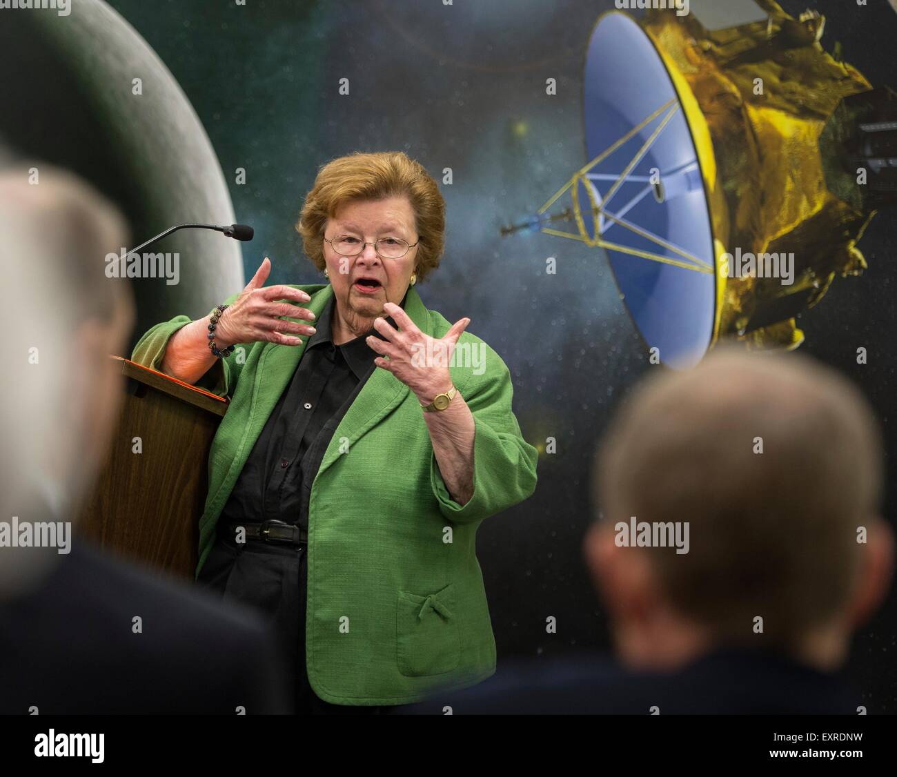 U.S. Senator Barbara Mikulski speaks to members of the New Horizons team at the Johns Hopkins University Applied Physics Laboratory July 13, 2015 in Laurel, Maryland. Stock Photo