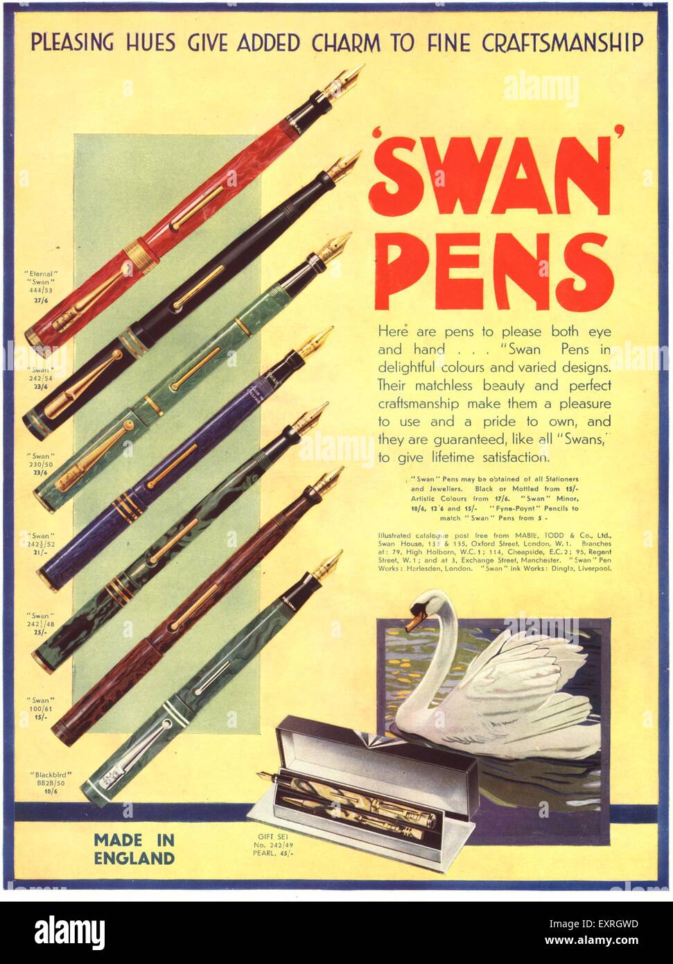 1930s UK Swan Pens Magazine Advert Stock Photo Alamy