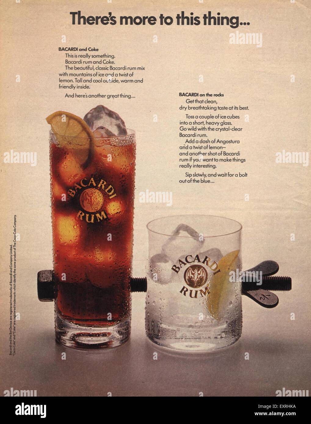 1970s UK Coca-Cola, Bacardi Magazine Advert Stock Photo