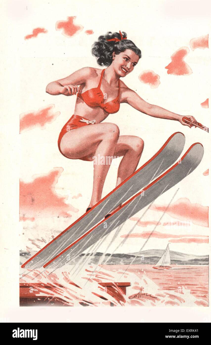 1940s USA Water-Skiing Magazine Plate Stock Photo