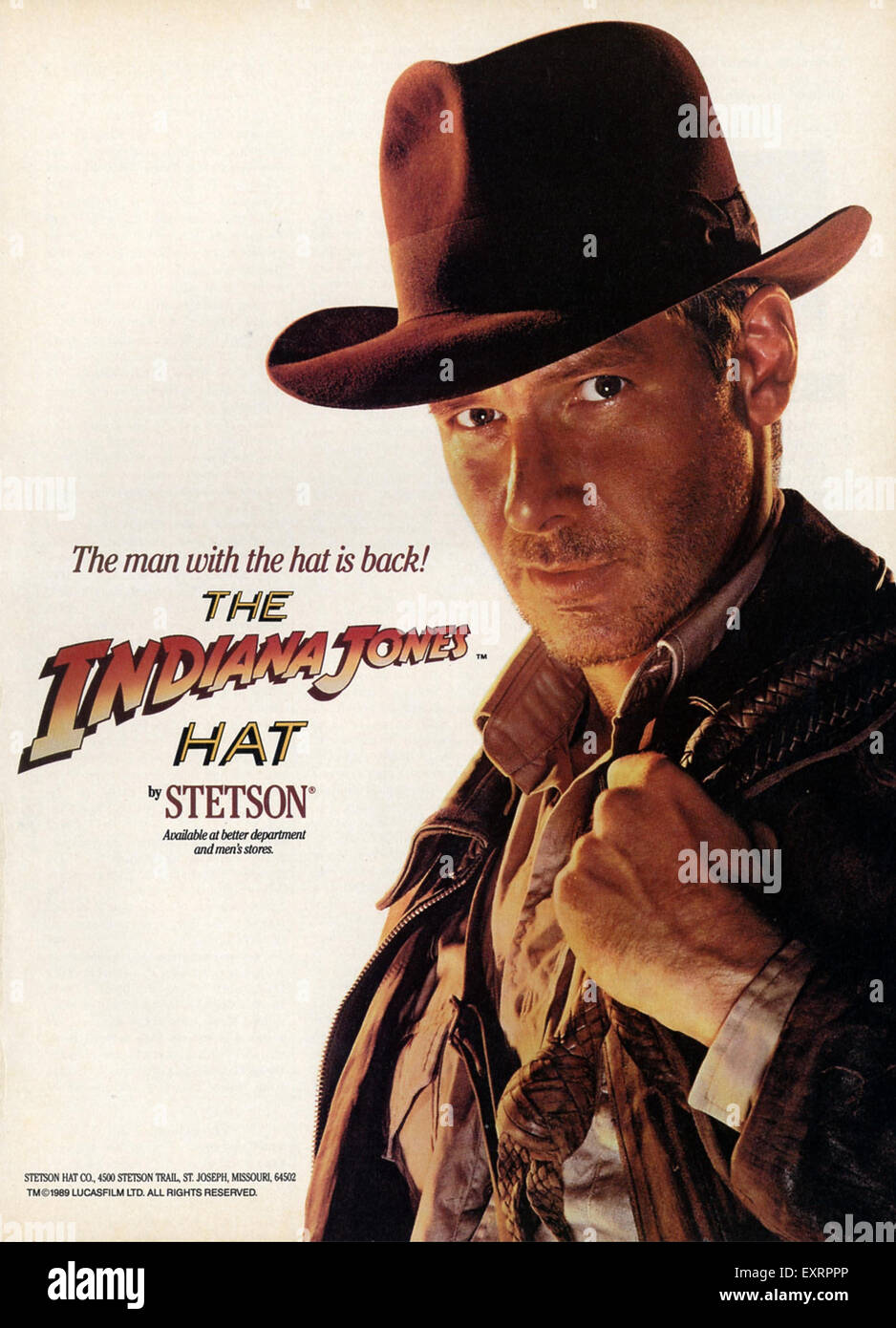 1980s USA Stetson  The Indiana Jones Hat Magazine Advert Stock Photo