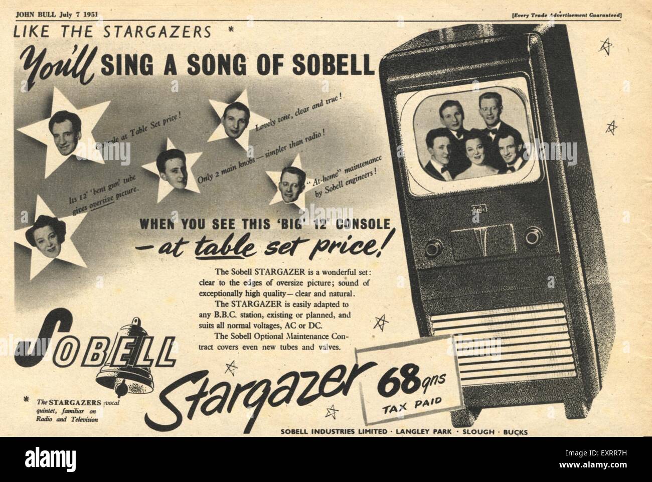 1950s UK Sobell Magazine Advert Stock Photo