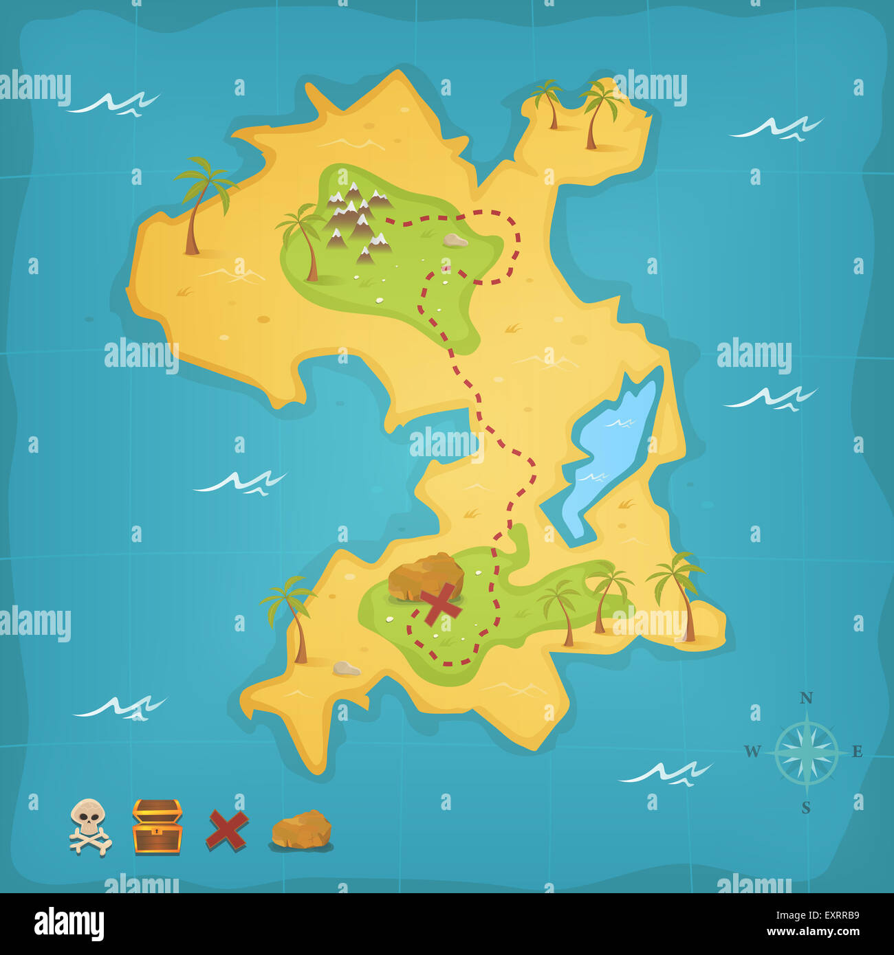 Illustration of a cartoon treasure island and its map, with skull and cross  bones, pirate chest and compass Stock Photo - Alamy
