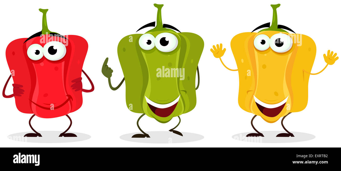 Illustration of a set of cartoon funnny happy belle pepper character, red, green and yellow Stock Photo