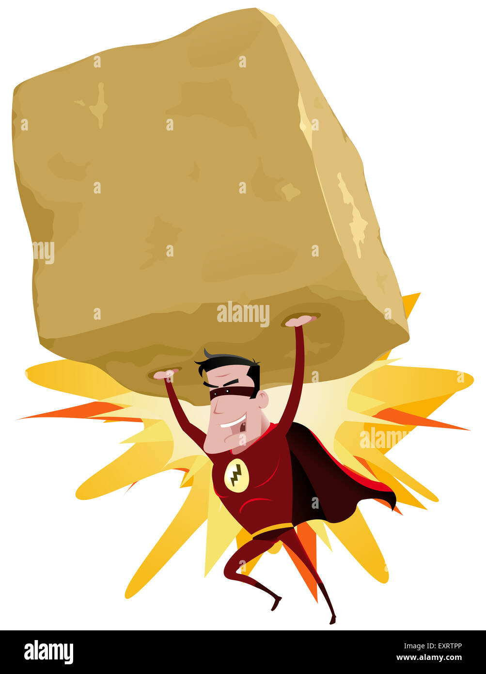 Illustration of a comic red superhero throwing a big heavy rock with his superpower, and copy space inside the boulder Stock Photo