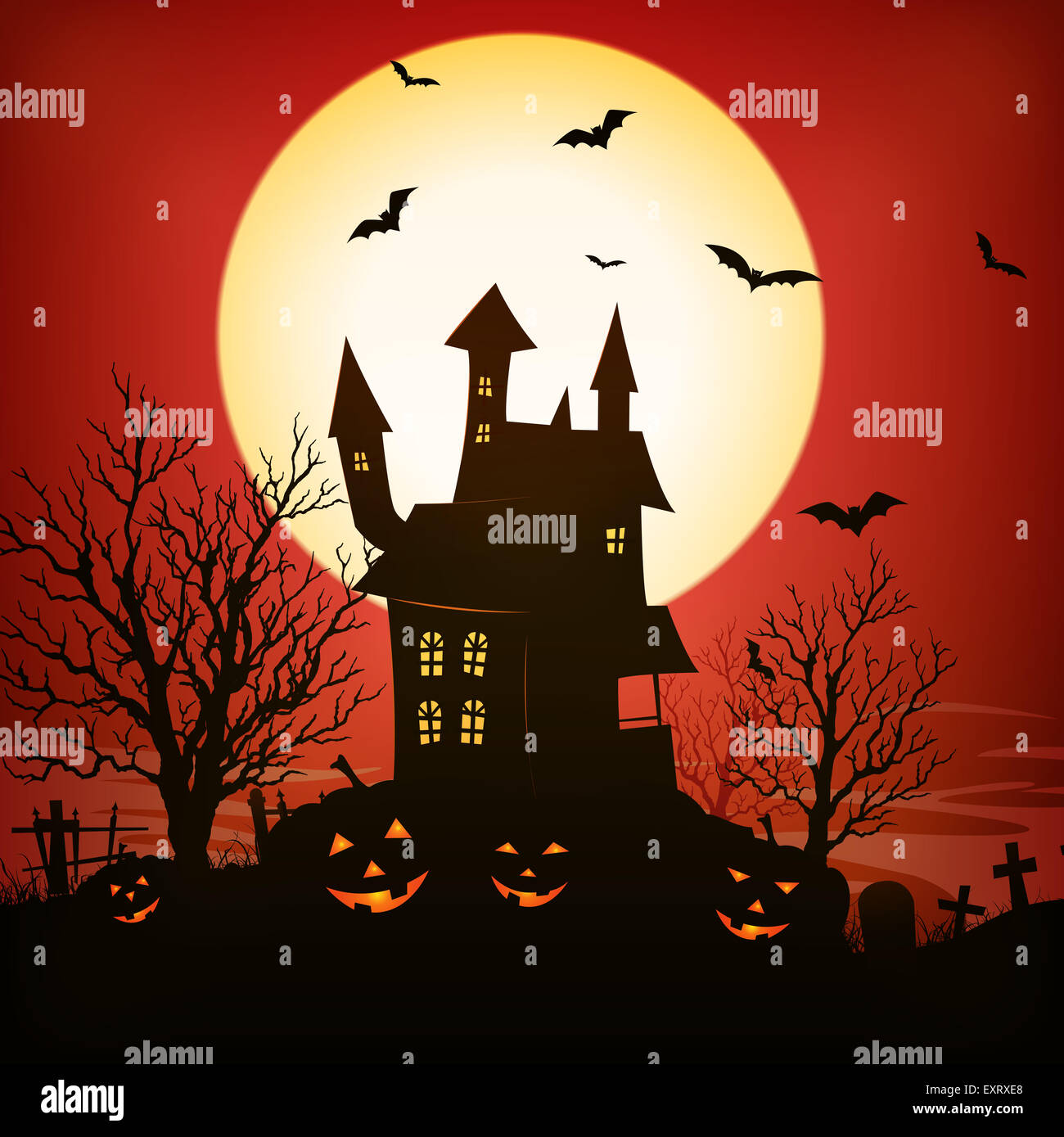 Illustration of a spooky haunted house inside red halloween holidays horror  background Stock Photo - Alamy