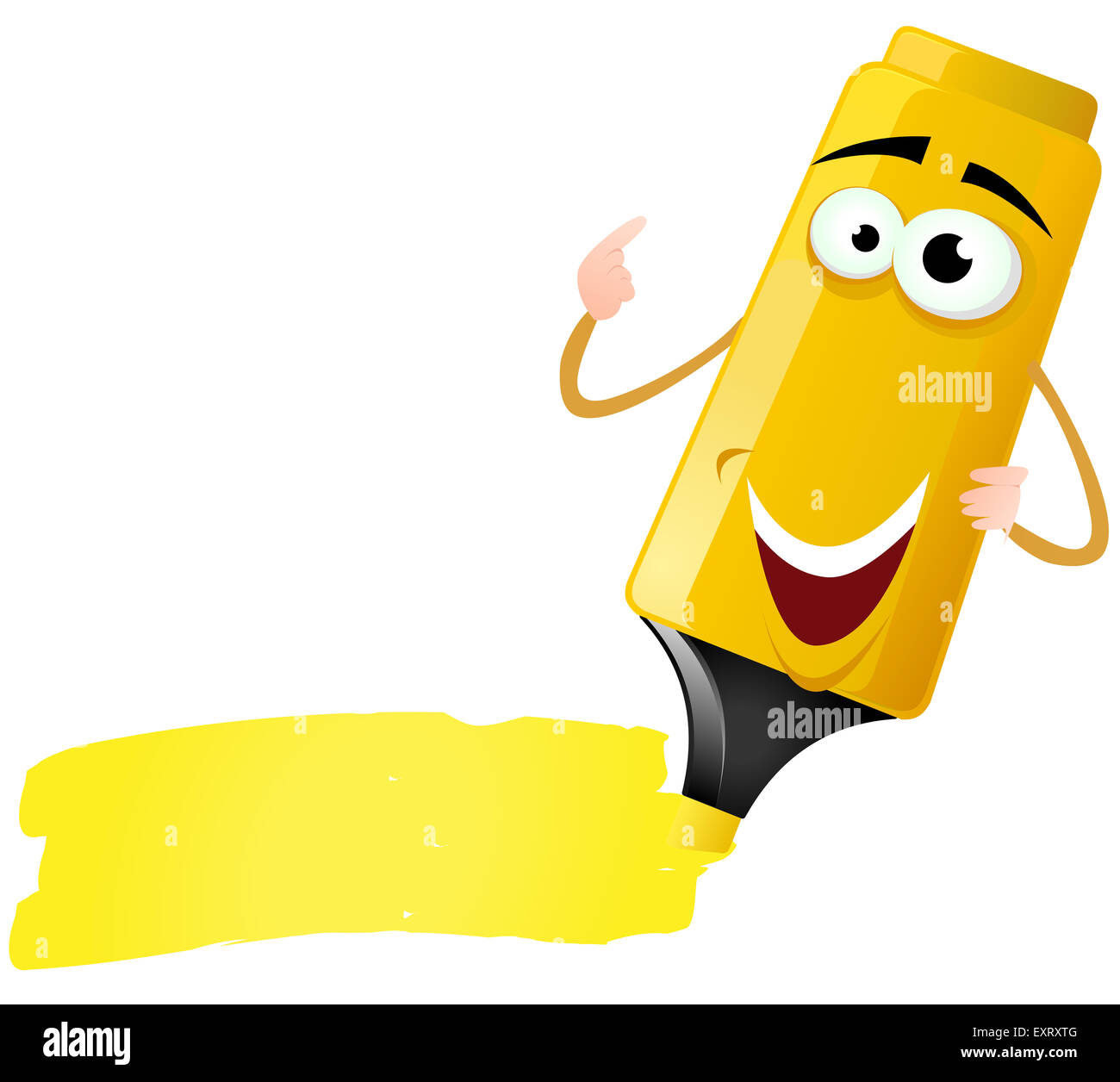 Illustration of a funny cartoon happy fluorescent highlighter felt tip pen in yellow Stock Photo