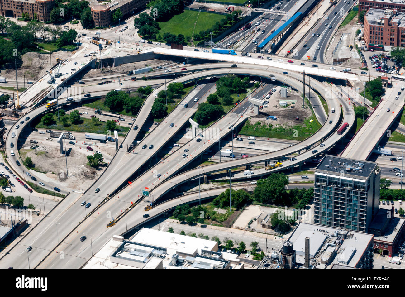 A large urban road junction in America seen from above. Stock Photo