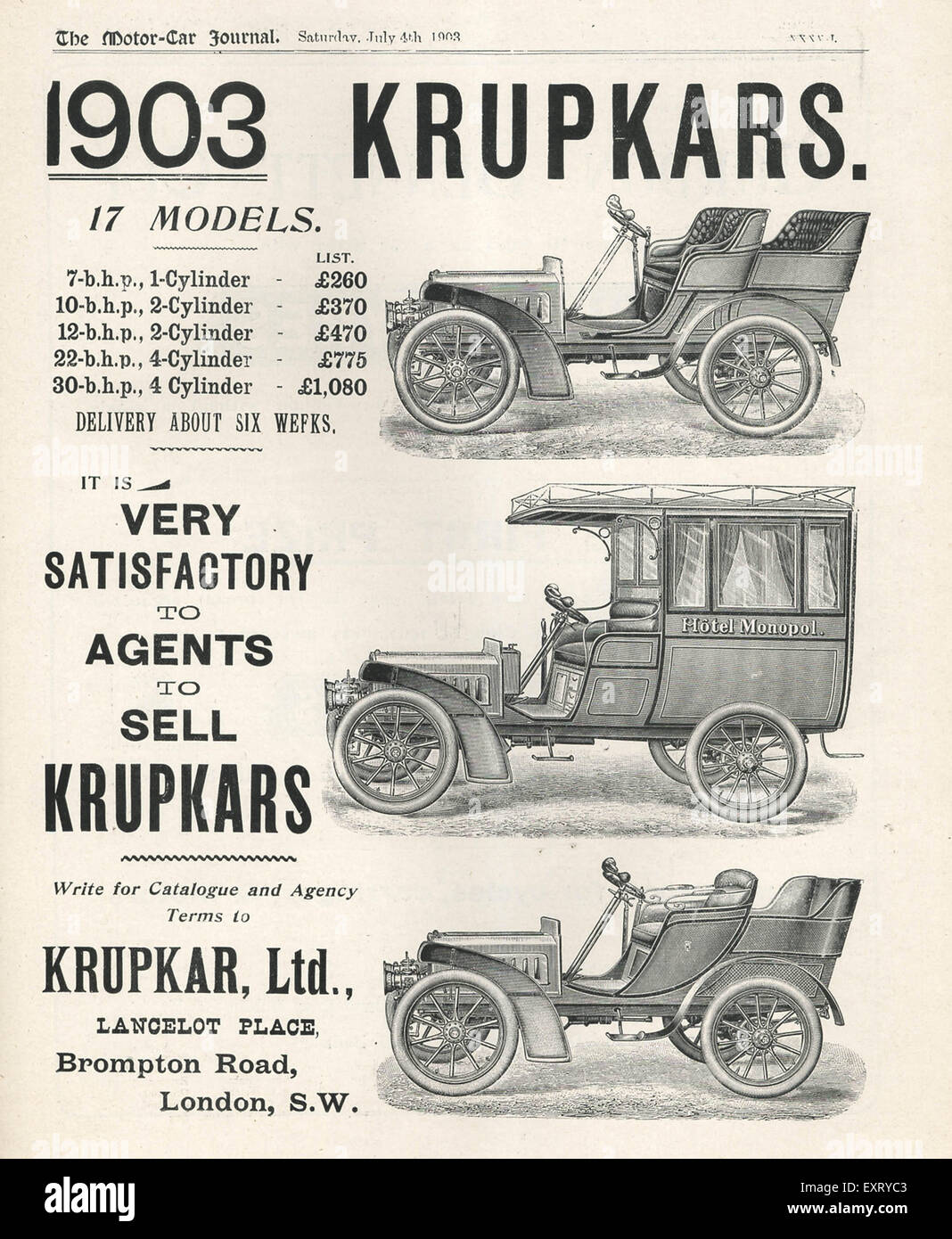 1900s UK Krupcars Magazine Advert Stock Photo