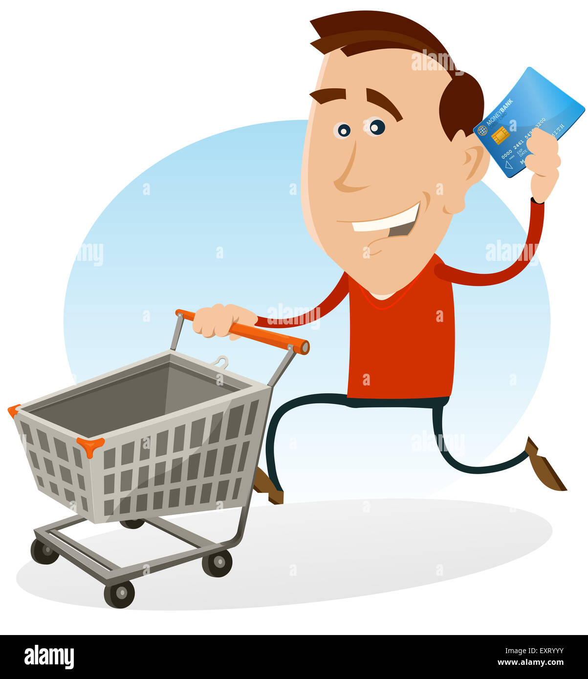 Illustration of a cartoon happy man running and holding his credit card