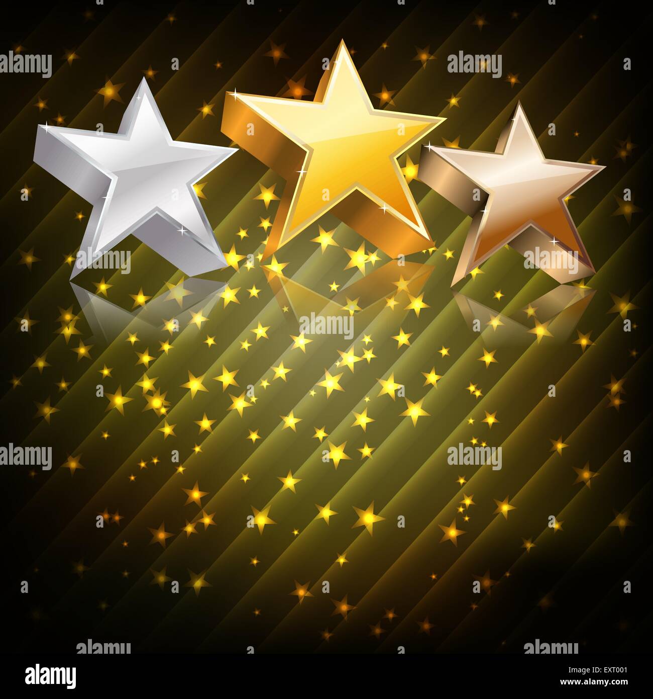 Golden, silver and bronze stars on abstract dark background. vector Stock Vector