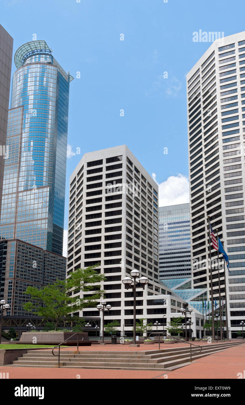 plaza in downtown minneapolis surrounded by skyscrapers and glass towers Stock Photo