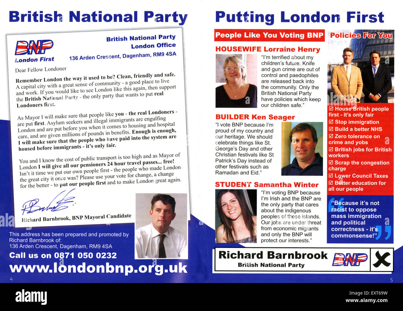 2000s UK British National Party Leaflet/  Flyer Stock Photo