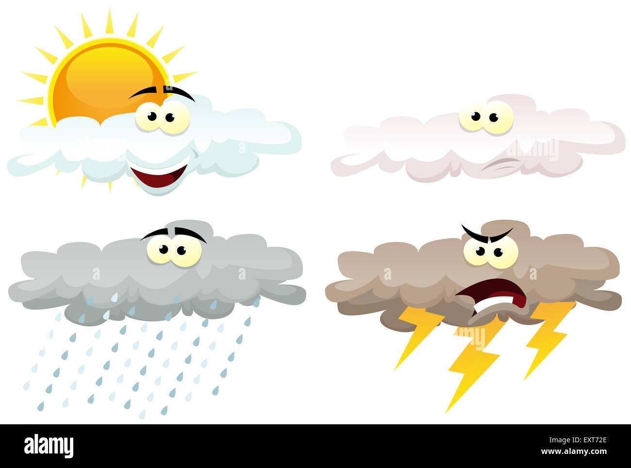 Illustration of a set of various cartoon funny weather symbol icons characters with shining sun, clouds characters, rain Stock Photo