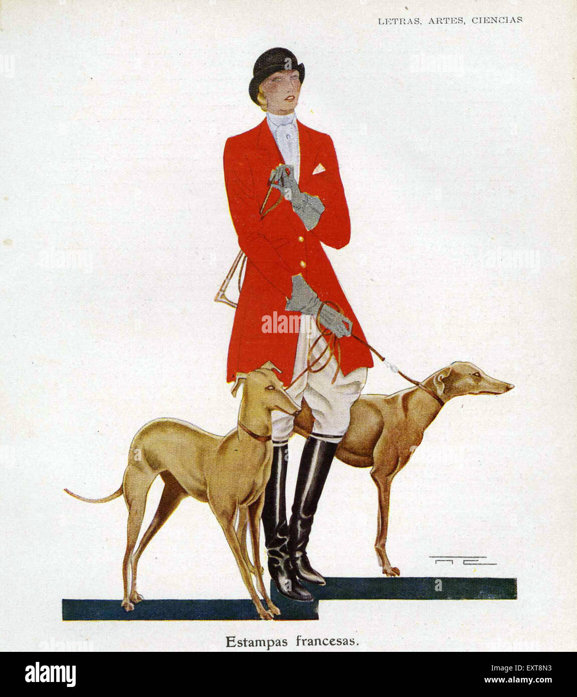 1920s Spain Woman in Hunting outfit with hounds Magazine Plate Stock Photo