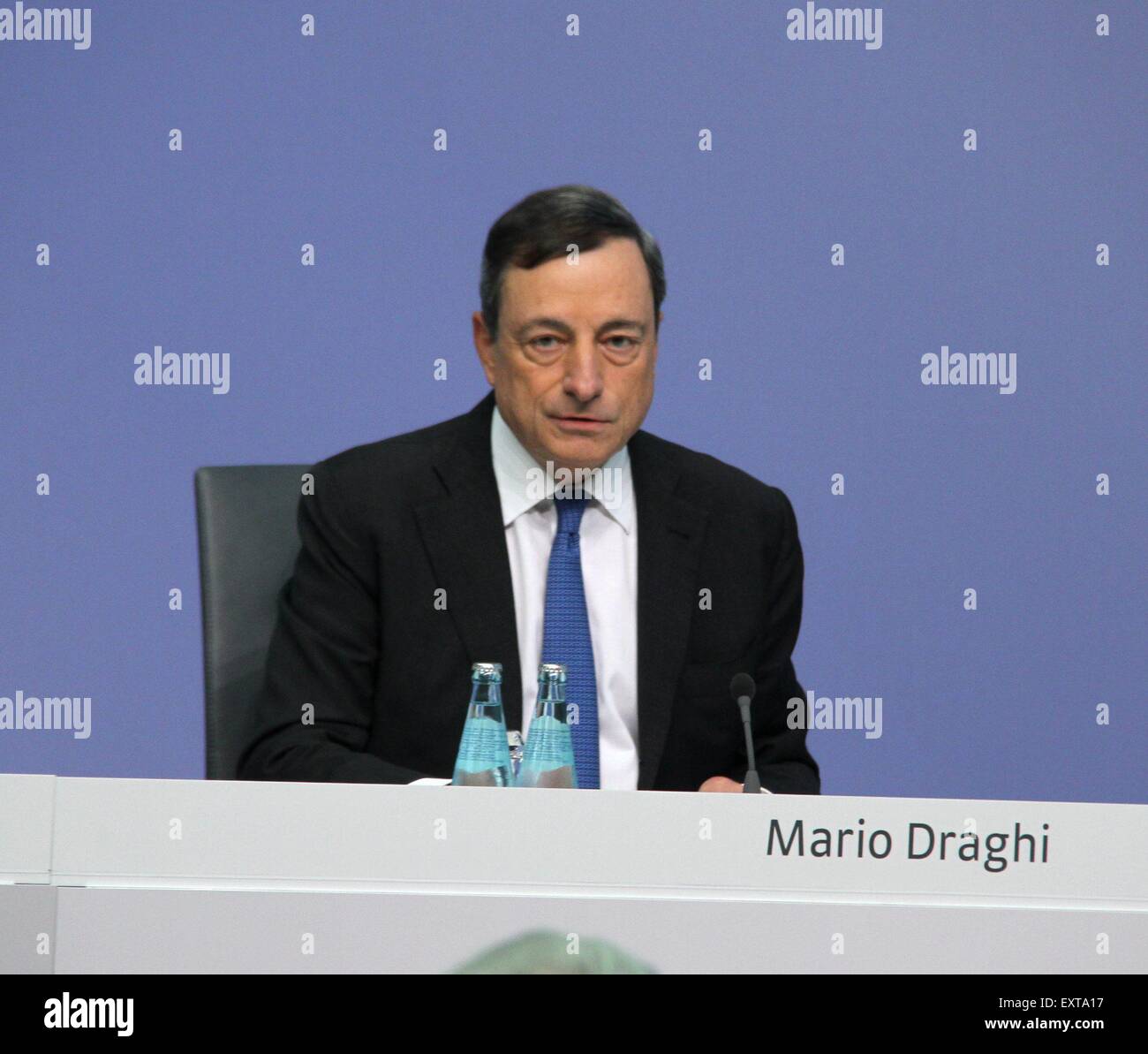 Frankfurt, Germany. 16th July, 2015. The European Central Bank President Mario Draghi attends a press conference in Frankfurt, Germany, July 16, 2015. ECB governing council on Thursday decided to raise the Emergency Liquidity Assistance to Greek banks by 900 million euros (about 981 million U.S. dollars). Credit:  Rao Bo/Xinhua/Alamy Live News Stock Photo