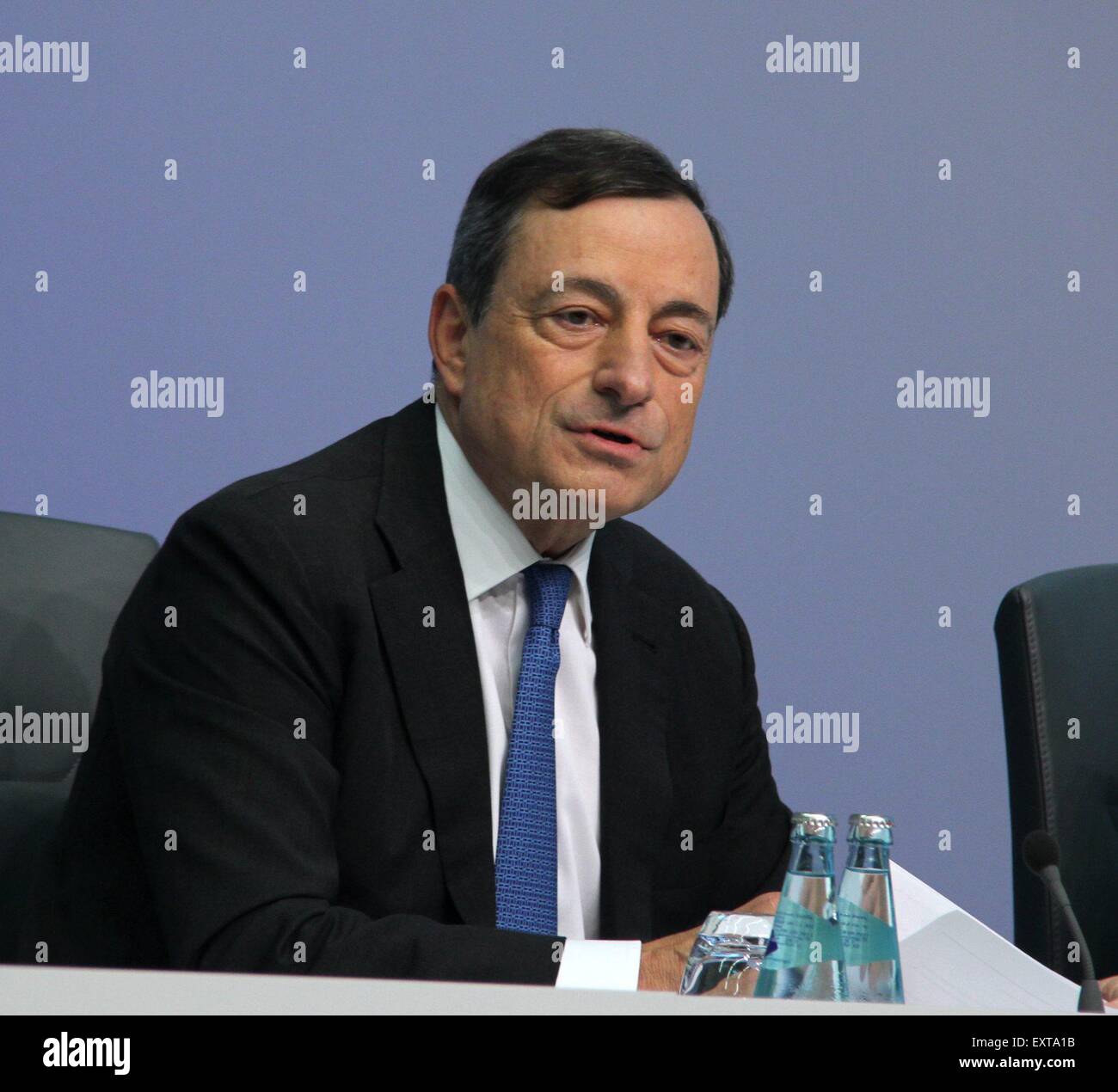 Frankfurt, Germany. 16th July, 2015. The European Central Bank President Mario Draghi attends a press conference in Frankfurt, Germany, July 16, 2015. ECB governing council on Thursday decided to raise the Emergency Liquidity Assistance to Greek banks by 900 million euros (about 981 million U.S. dollars). Credit:  Rao Bo/Xinhua/Alamy Live News Stock Photo