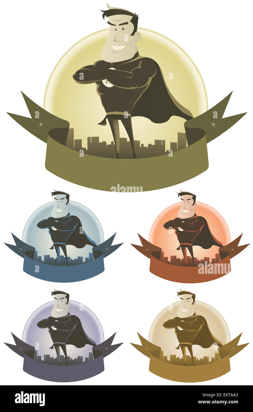 Illustration of a set of awesome vintage comic superhero power and security banners with cityscape background Stock Photo