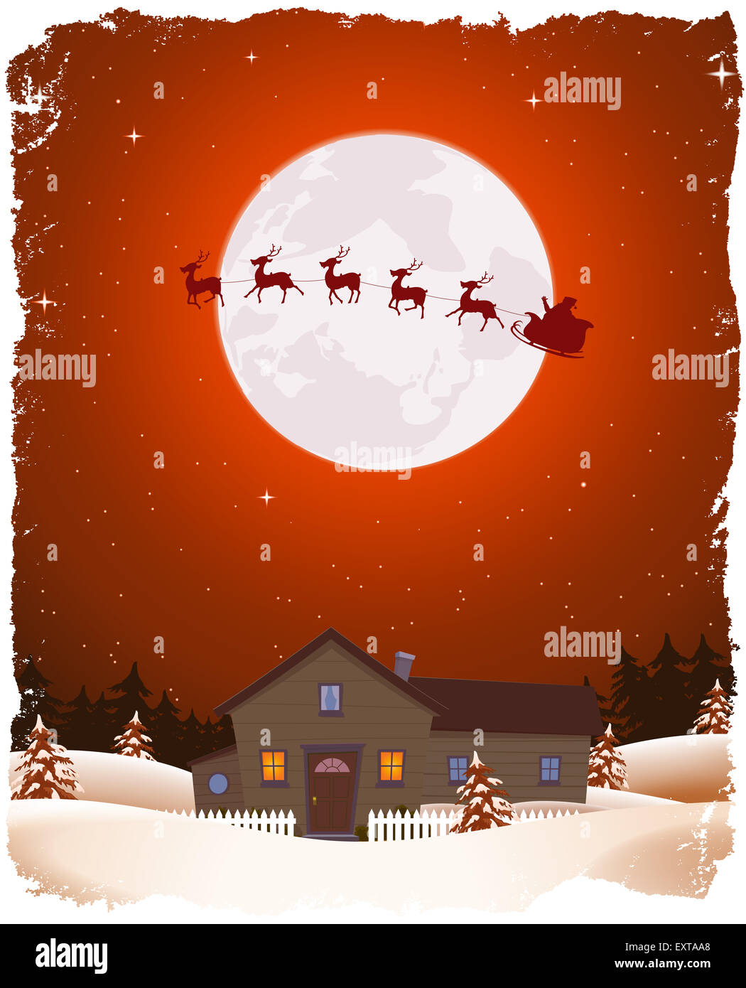 Illustration of a cartoon portrait christmas winter landscape with house, snow, pine trees forest and flying santa claus sleigh Stock Photo