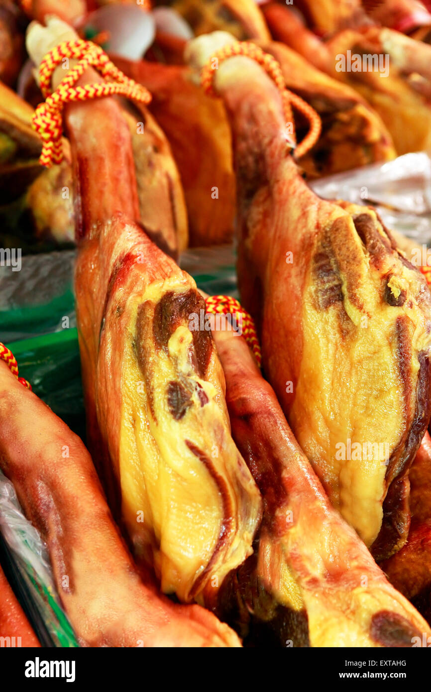 Prosciutto hams ready for sale at the market Stock Photo Alamy