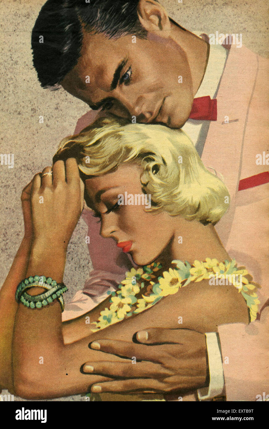 1950s UK Comforting His Lady Magazine Plate Stock Photo