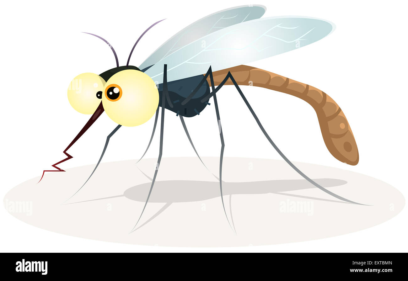 Illustration of a funny cartoon thirsty mosquito insect character with bloody proboscis Stock Photo