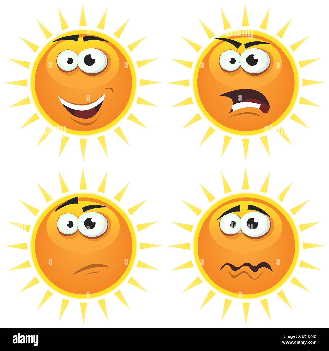 Illustration of a set of various cartoon funny sun symbol icons characters with various emotions, happy, angry, doubtful and sad Stock Photo